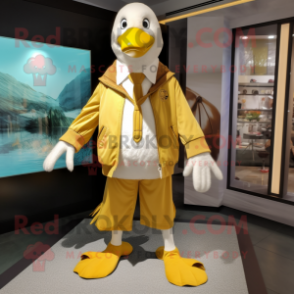 Gold Albatross mascot costume character dressed with a Culottes and Shoe laces