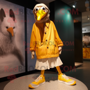 Gold Albatross mascot costume character dressed with a Culottes and Shoe laces