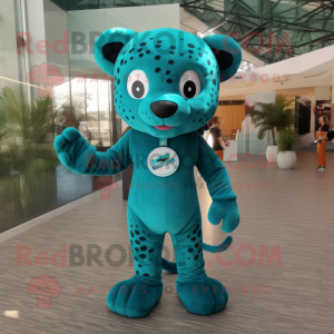 Teal Jaguar mascot costume character dressed with a Jumpsuit and Foot pads