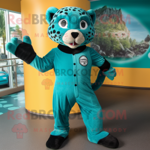 Teal Jaguar mascot costume character dressed with a Jumpsuit and Foot pads