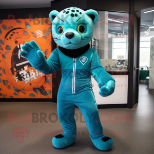 Teal Jaguar mascot costume character dressed with a Jumpsuit and Foot pads