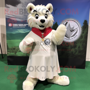 Cream Wolf mascot costume character dressed with a Wrap Dress and Keychains