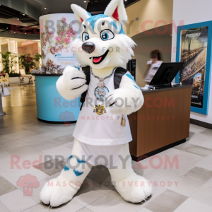 Cream Wolf mascot costume character dressed with a Wrap Dress and Keychains