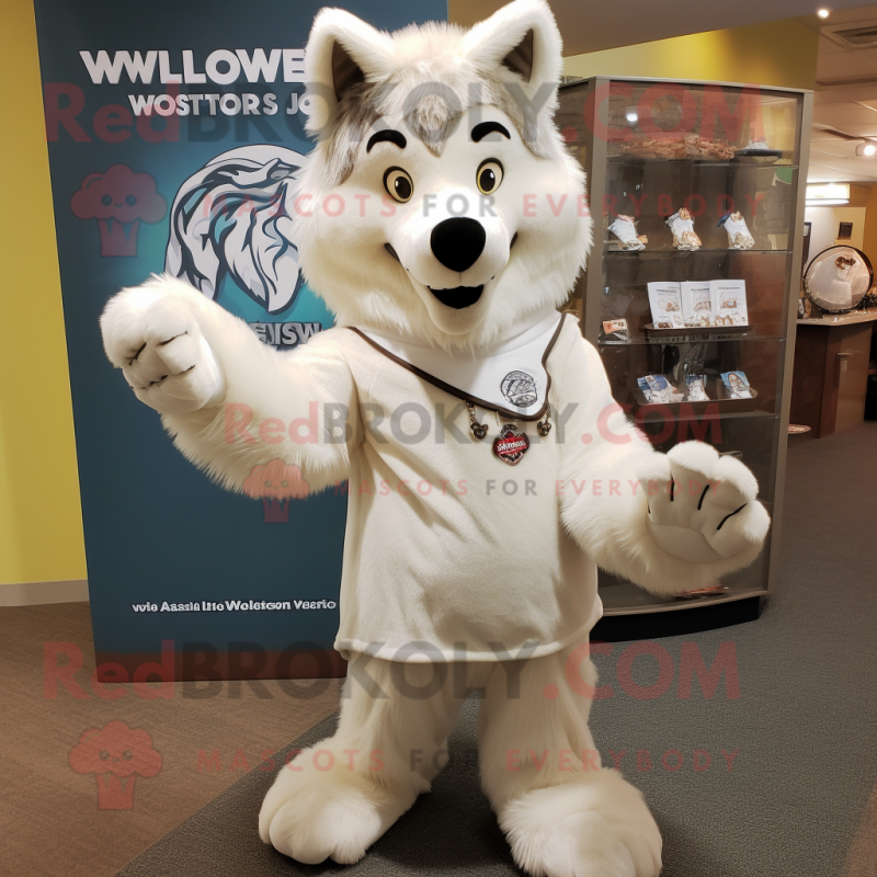 Cream Wolf mascot costume character dressed with a Wrap Dress and Keychains Cream Wolf mascot costume character dressed with a Wrap Dress and Keychains