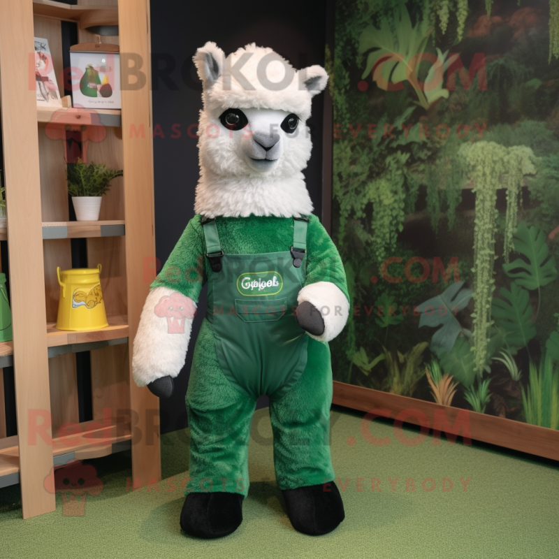 Forest Green Alpaca mascot costume character dressed with a Dungarees and Pocket squares Forest Green Alpaca mascot costume character dressed with a Dungarees and Pocket squares