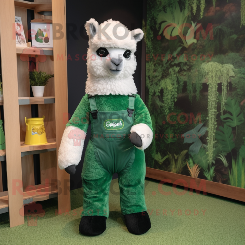 Forest Green Alpaca mascot costume character dressed with a Dungarees and Pocket squares