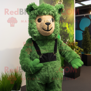 Forest Green Alpaca mascot costume character dressed with a Dungarees and Pocket squares