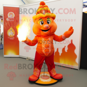 Orange Fire Eater mascot costume character dressed with a Vest and Foot pads