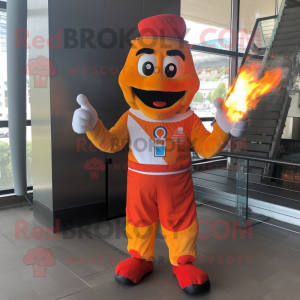 Orange Fire Eater mascot costume character dressed with a Vest and Foot pads