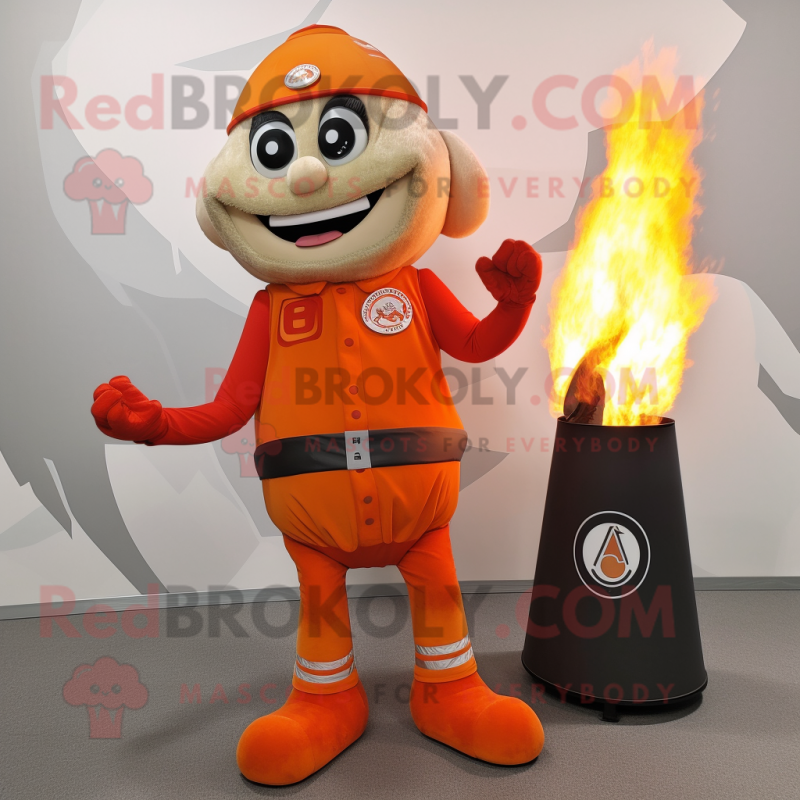 Orange Fire Eater mascot costume character dressed with a Vest and Foot pads