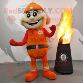 Orange Fire Eater mascot costume character dressed with a Vest and Foot pads