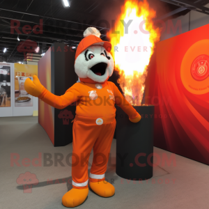 Orange Fire Eater mascot costume character dressed with a Vest and Foot pads