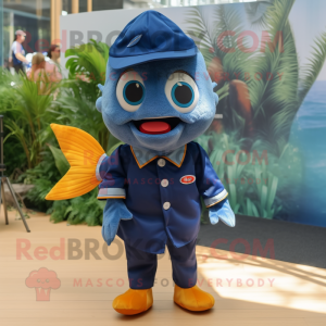 Navy Goldfish mascot costume character dressed with a Denim Shorts and Bow ties