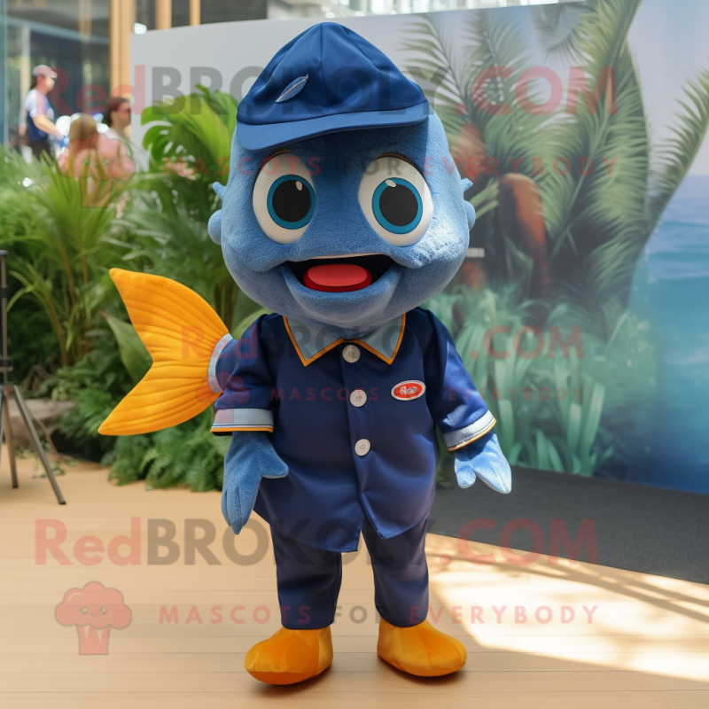 Navy Goldfish mascot costume character dressed with a Denim Shorts and Bow ties