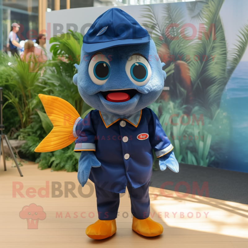 Navy Goldfish mascot costume character dressed with a Denim Shorts and Bow ties Navy Goldfish mascot costume character dressed with a Denim Shorts and Bow ties