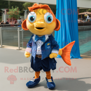 Navy Goldfish mascot costume character dressed with a Denim Shorts and Bow ties