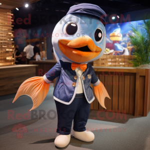 Navy Goldfish mascot costume character dressed with a Denim Shorts and Bow ties