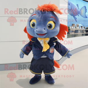 Navy Goldfish mascot costume character dressed with a Denim Shorts and Bow ties