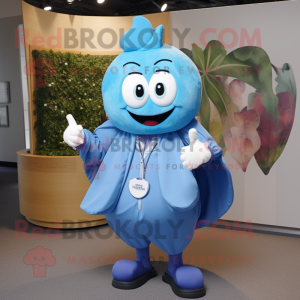 Sky Blue Onion mascot costume character dressed with a Jacket and Brooches
