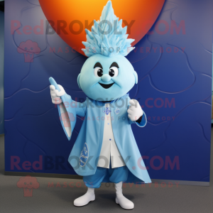 Sky Blue Onion mascot costume character dressed with a Jacket and Brooches