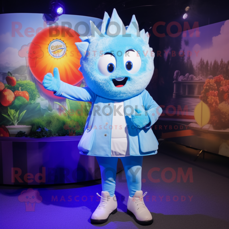 Sky Blue Onion mascot costume character dressed with a Jacket and Brooches