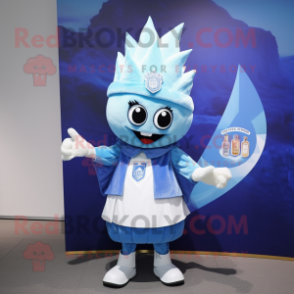 Sky Blue Onion mascot costume character dressed with a Jacket and Brooches