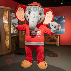 Red Elephant mascot costume character dressed with a Sweatshirt and Suspenders