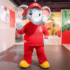 Red Elephant mascot costume character dressed with a Sweatshirt and Suspenders