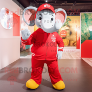 Red Elephant mascot costume character dressed with a Sweatshirt and Suspenders
