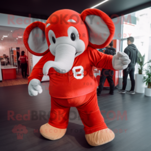 Red Elephant mascot costume character dressed with a Sweatshirt and Suspenders