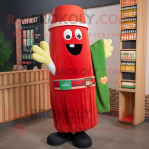 Red Celery mascot costume character dressed with a Cardigan and Beanies