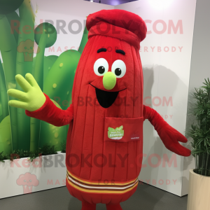 Red Celery mascot costume character dressed with a Cardigan and Beanies