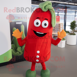Red Celery mascot costume character dressed with a Cardigan and Beanies
