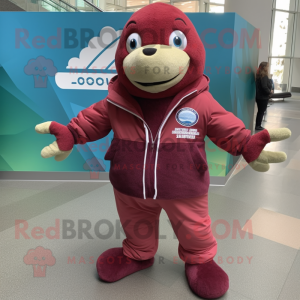 Maroon Salmon mascot costume character dressed with a Windbreaker and Watches