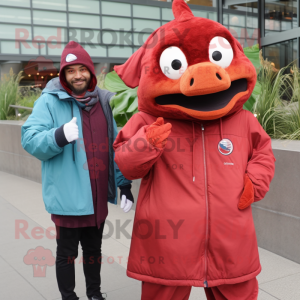 Maroon Salmon mascot costume character dressed with a Windbreaker and Watches