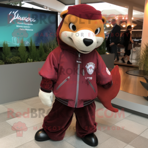 Maroon Salmon mascot costume character dressed with a Windbreaker and Watches
