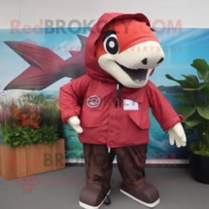 Maroon Salmon mascot costume character dressed with a Windbreaker and Watches