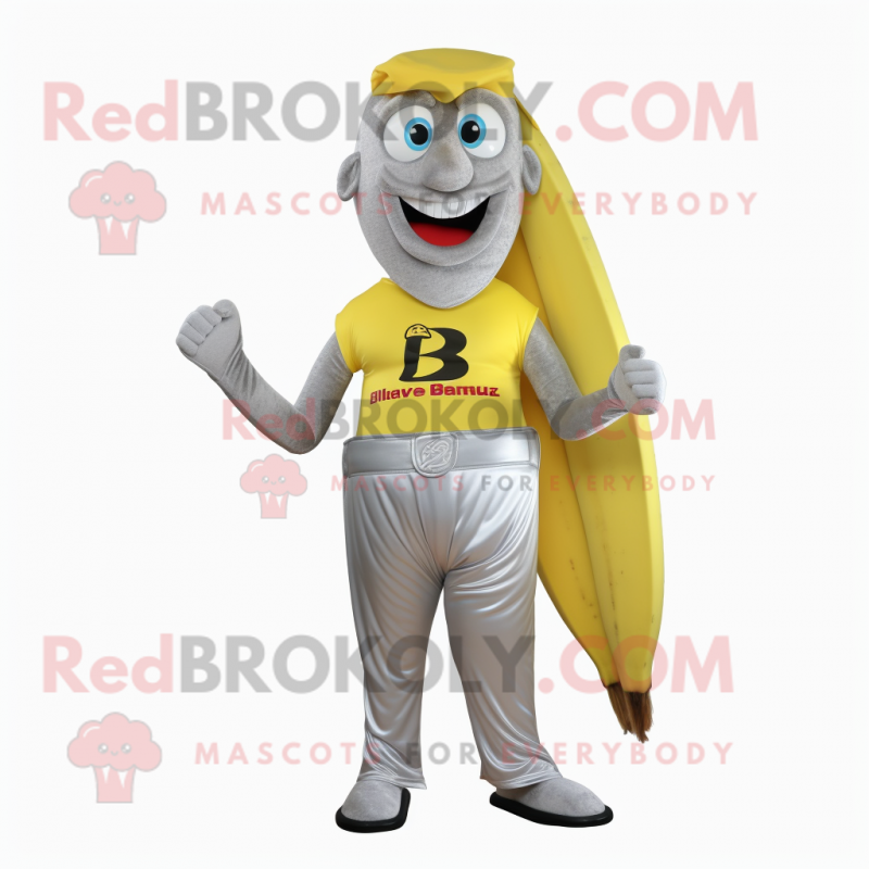 Silver Banana mascot costume character dressed with a Polo Tee and Belts Silver Banana mascot costume character dressed with a Polo Tee and Belts