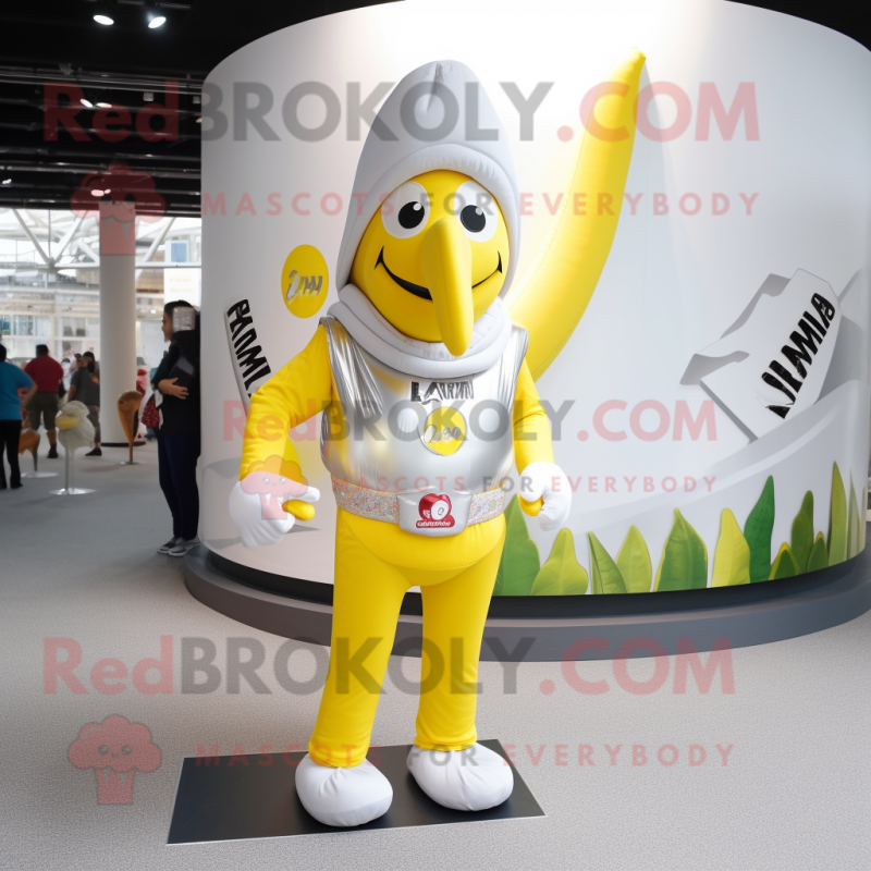 Silver Banana mascot costume character dressed with a Polo Tee and Belts Silver Banana mascot costume character dressed with a Polo Tee and Belts