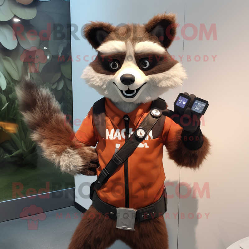 Rust Raccoon mascot costume character dressed with a Waistcoat and Smartwatches