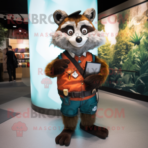 Rust Raccoon mascot costume character dressed with a Waistcoat and Smartwatches