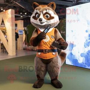 Rust Raccoon mascot costume character dressed with a Waistcoat and Smartwatches