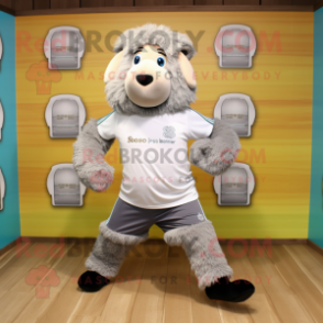 Silver Suffolk Sheep mascot costume character dressed with a Running Shorts and Cummerbunds