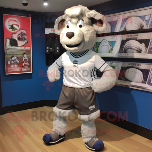 Silver Suffolk Sheep mascot costume character dressed with a Running Shorts and Cummerbunds