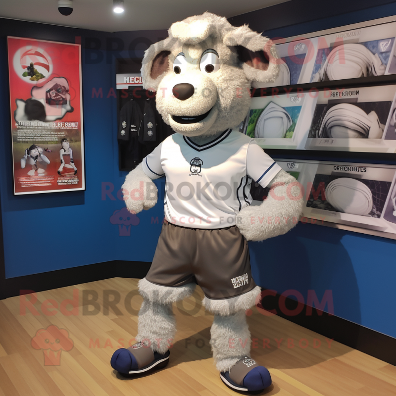 Silver Suffolk Sheep mascot costume character dressed with a Running Shorts and Cummerbunds Silver Suffolk Sheep mascot costume character dressed with a Running Shorts and Cummerbunds