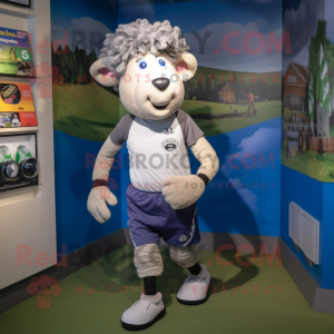 Silver Suffolk Sheep mascot costume character dressed with a Running Shorts and Cummerbunds