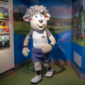 Silver Suffolk Sheep mascot costume character dressed with a Running Shorts and Cummerbunds
