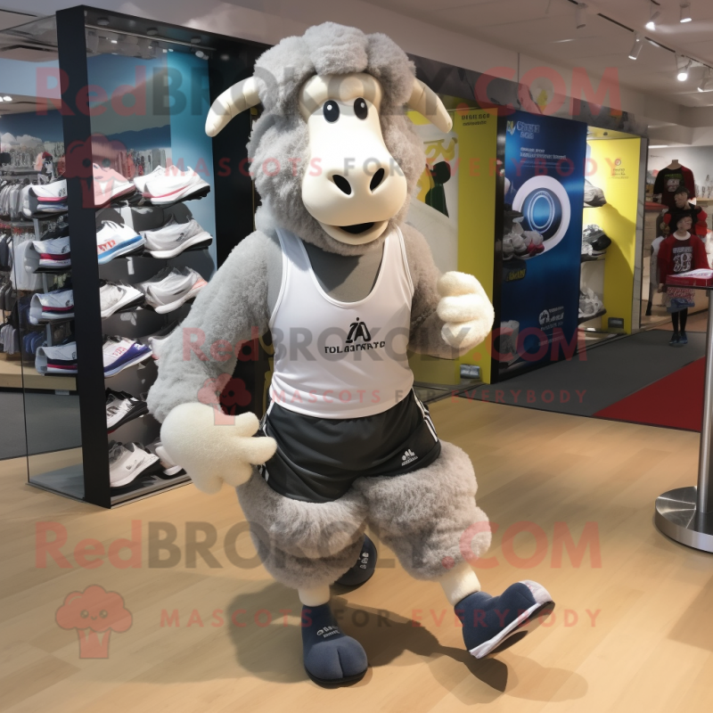 Silver Suffolk Sheep mascot costume character dressed with a Running Shorts and Cummerbunds Silver Suffolk Sheep mascot costume character dressed with a Running Shorts and Cummerbunds