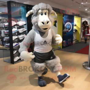 Silver Suffolk Sheep mascot costume character dressed with a Running Shorts and Cummerbunds