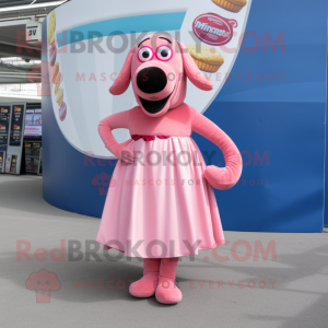 Pink Hot Dogs mascot costume character dressed with a Circle Skirt and Ties